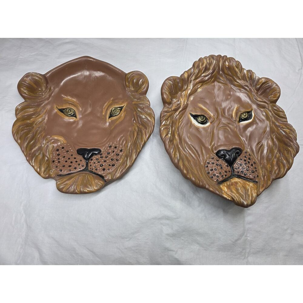 Vintage Lion And Lioness Head Dish Bowl Wall Decor Hand Painted Art Safari